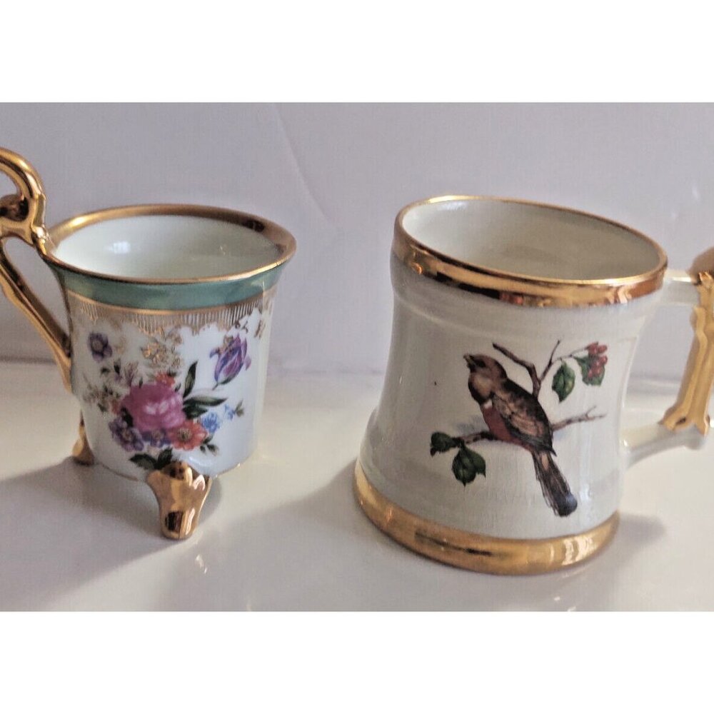 Set of Two Small Hand Painted Gold Gilded Decorative Mugs by Birdland